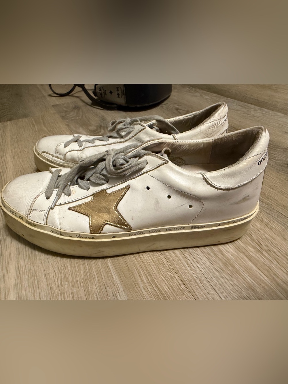 Golden Goose White Leather Sneakers with Gold Star Accent